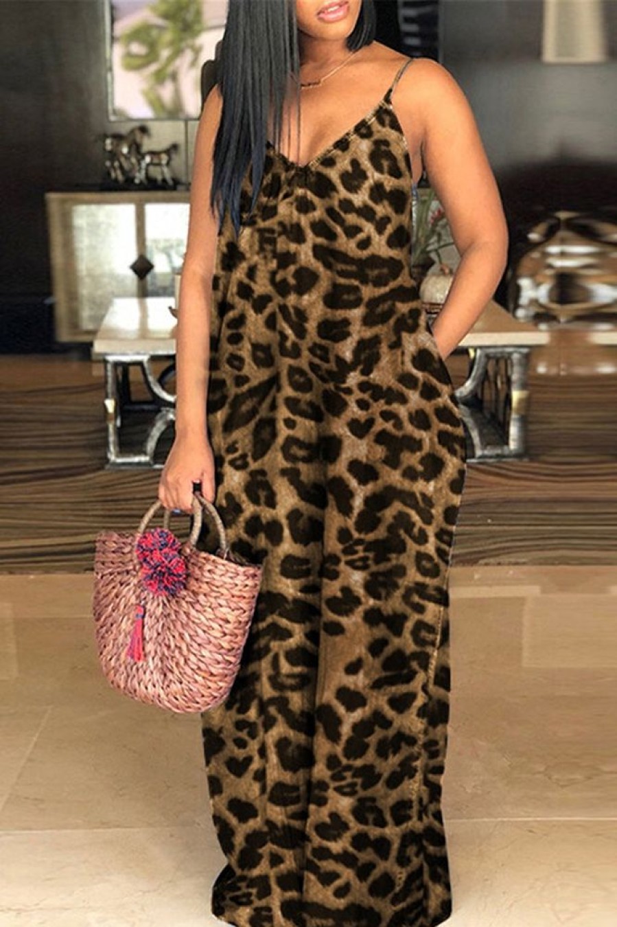 Dresses female | Leopard Print V-Neck Sling Maxi Dress