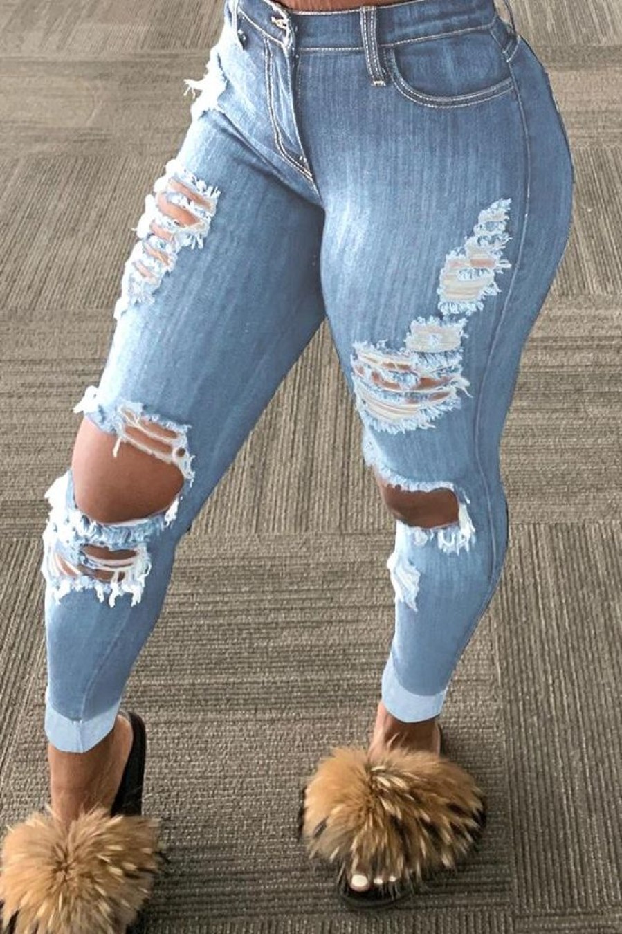 Bottoms female | Fashion All-Match Ripped Fringed Jeans Plus Size