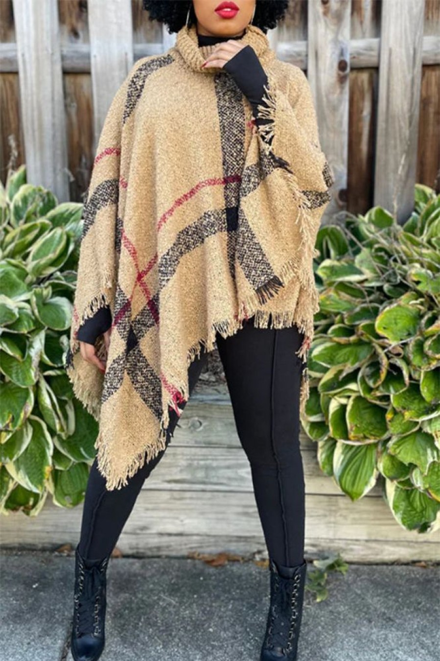 Tops & Outerwear female | Fashion High Neck Fringed Cape Shawl Loose Oversized Knit Sweater