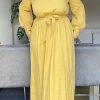 Dresses female | Plus Size High Neck Belt Side Slit Maxi Dress Yellow