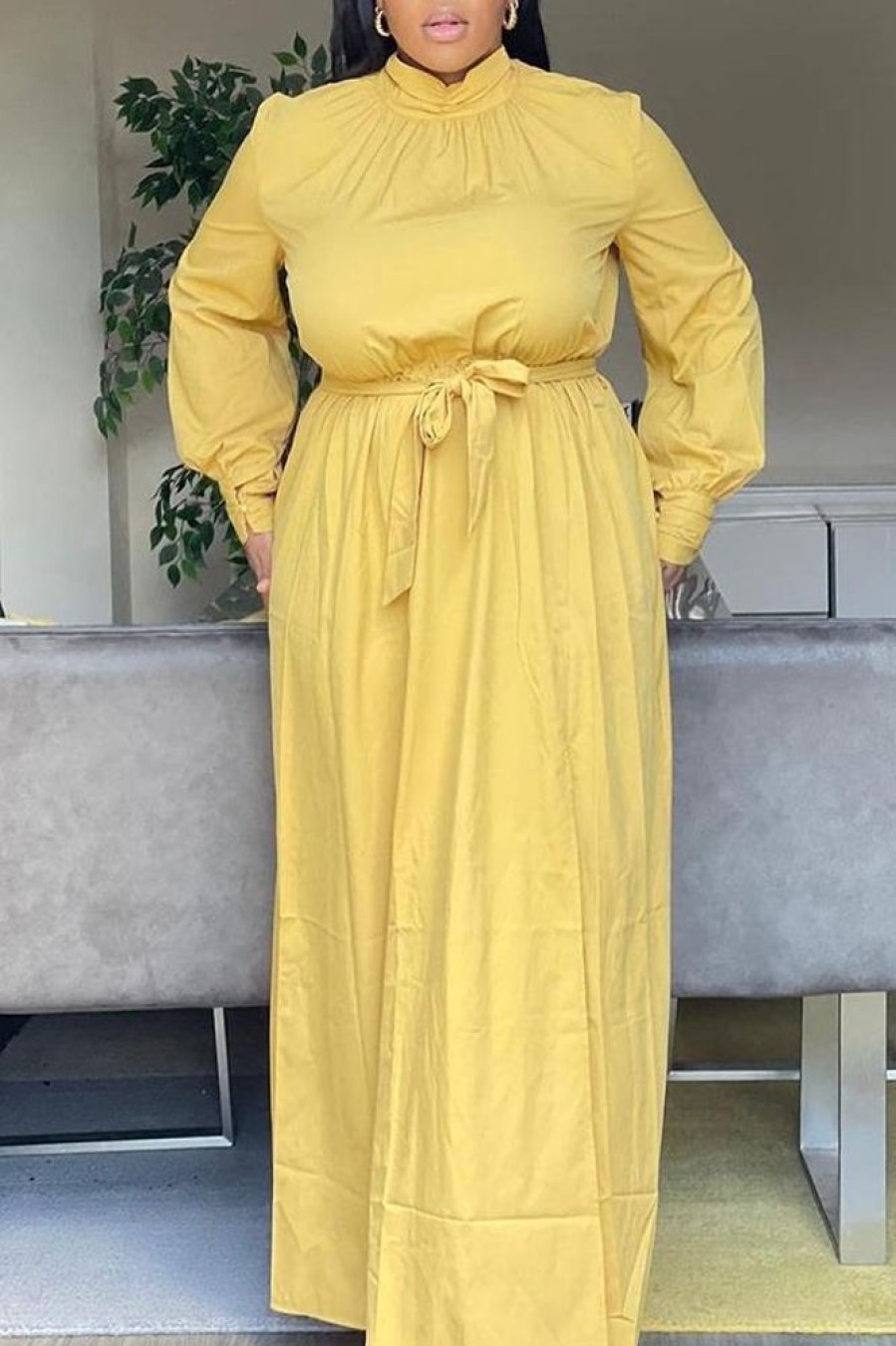 Dresses female | Plus Size High Neck Belt Side Slit Maxi Dress Yellow