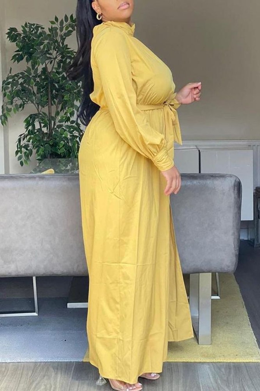 Dresses female | Plus Size High Neck Belt Side Slit Maxi Dress Yellow