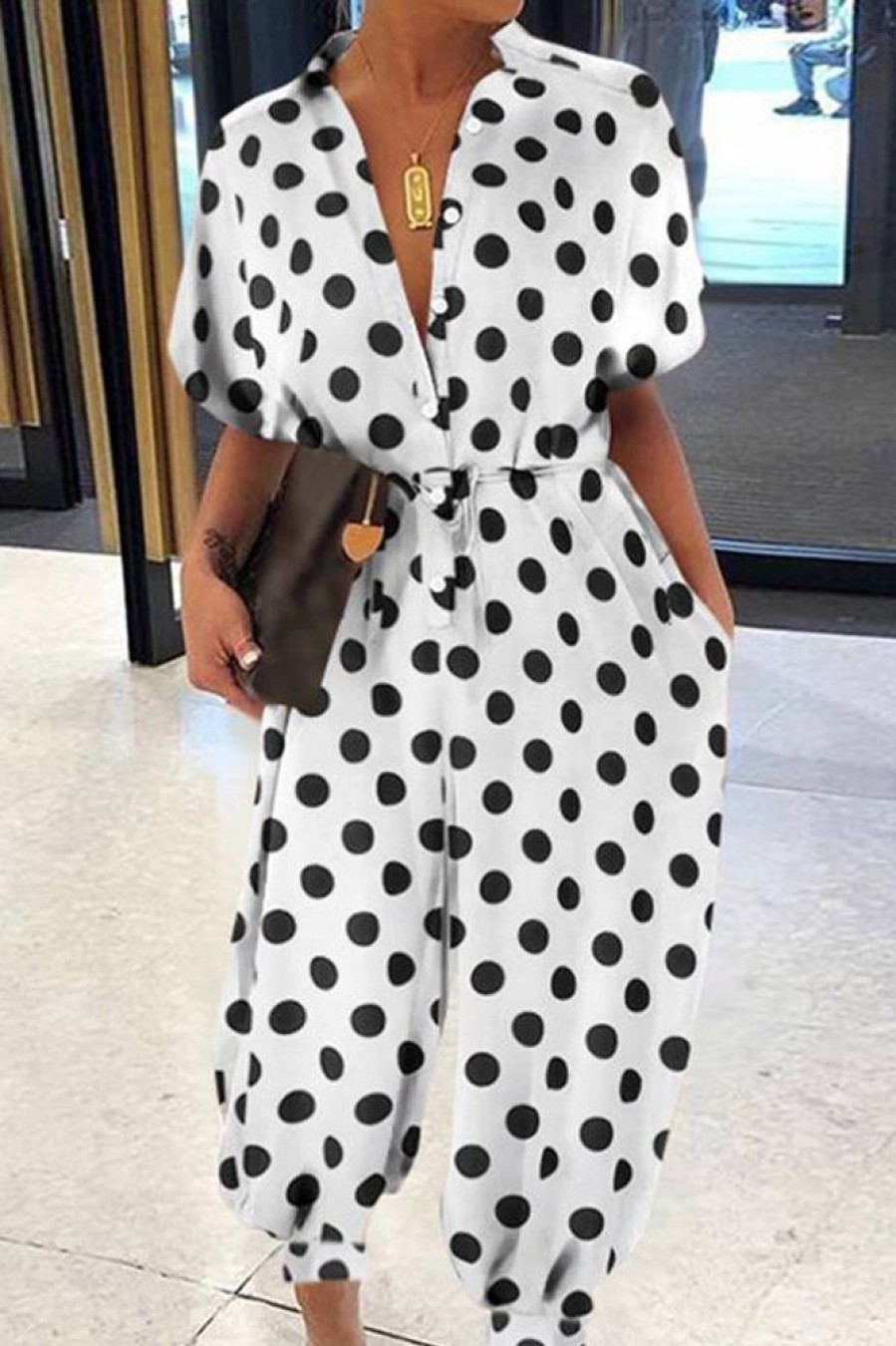 Jumpsuits & Rompers female | Comfortable Polka Dot Print Short Sleeve Single Breasted Plus Size Jumpsuits