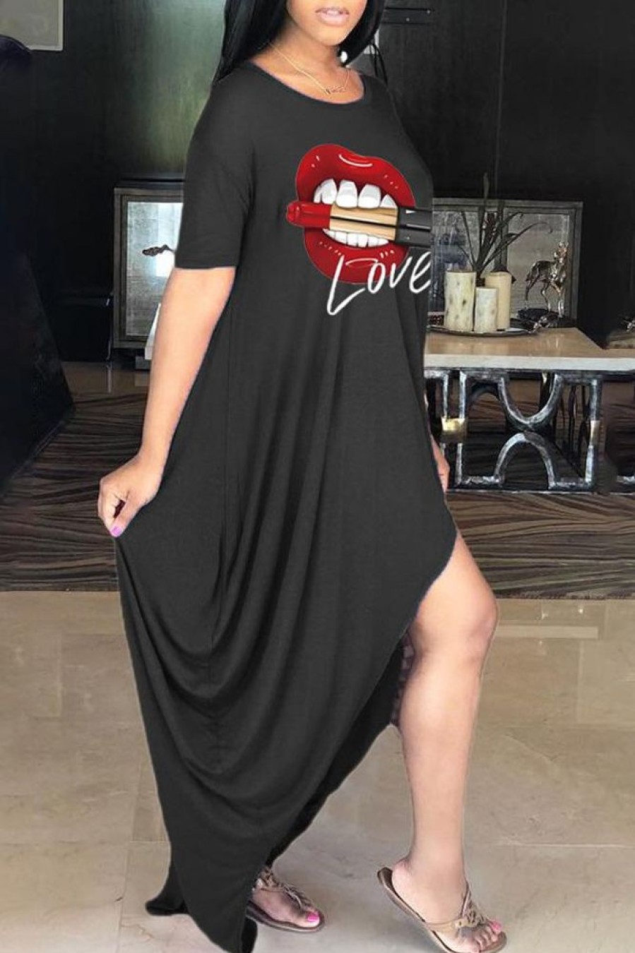 Dresses female | Fashion Casual Lip Print Slit Maxi Dress