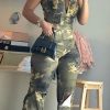 Jumpsuits & Rompers female | Fashion Bandeau V-Neck Camouflage Print Slim-Fit Ripped Jumpsuit Army Green