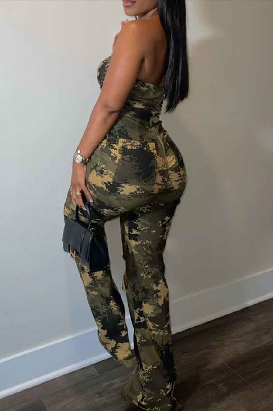 Jumpsuits & Rompers female | Fashion Bandeau V-Neck Camouflage Print Slim-Fit Ripped Jumpsuit Army Green