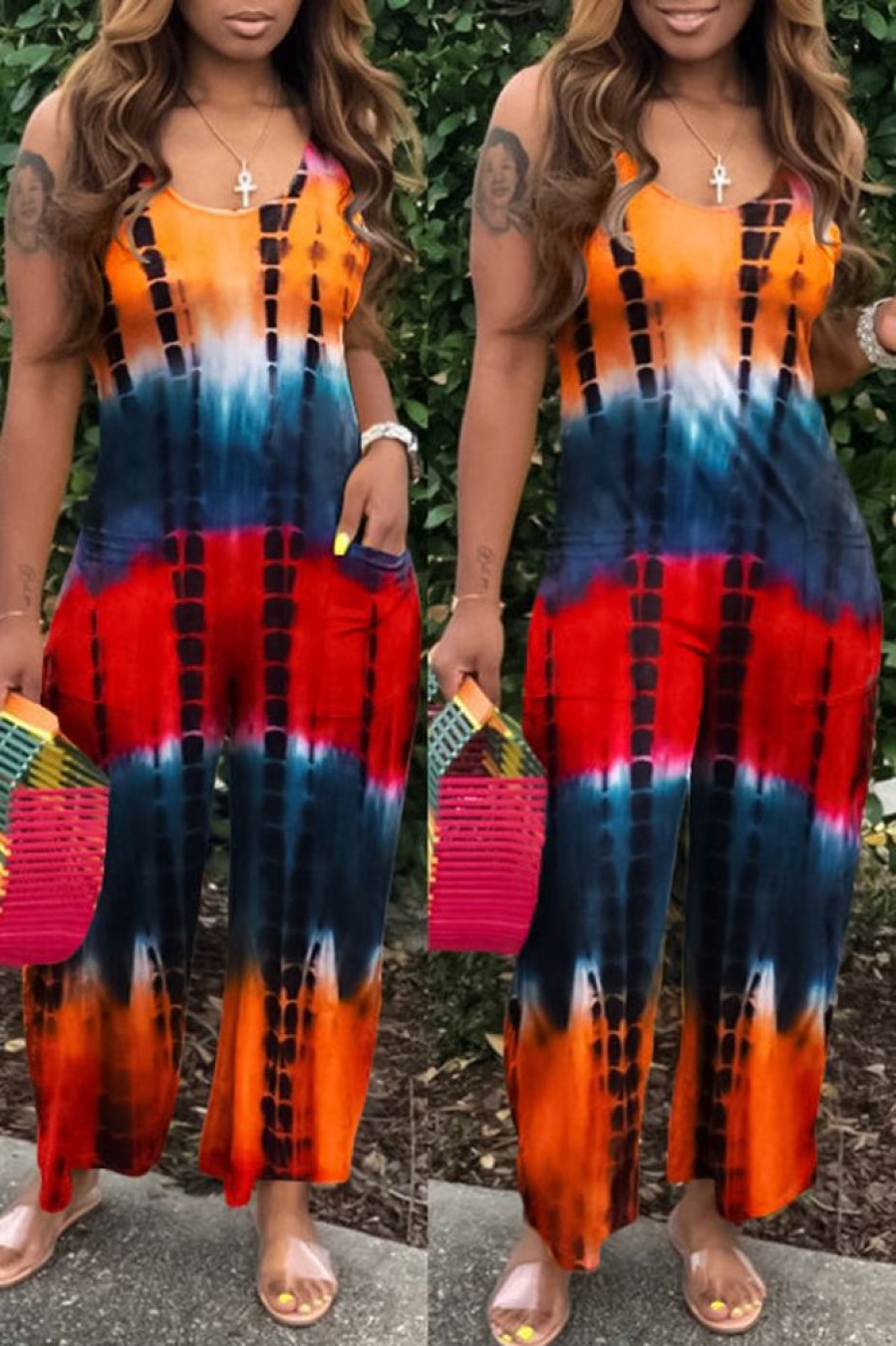 Jumpsuits & Rompers female | Tie Dye U Collar Pocket Wide Leg Jumpsuit