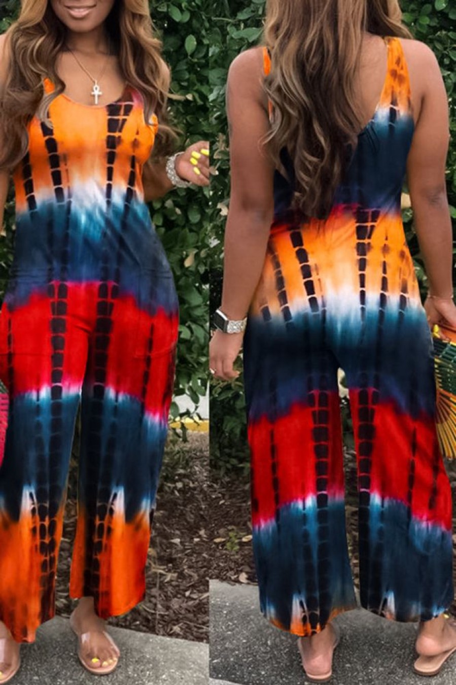 Jumpsuits & Rompers female | Tie Dye U Collar Pocket Wide Leg Jumpsuit