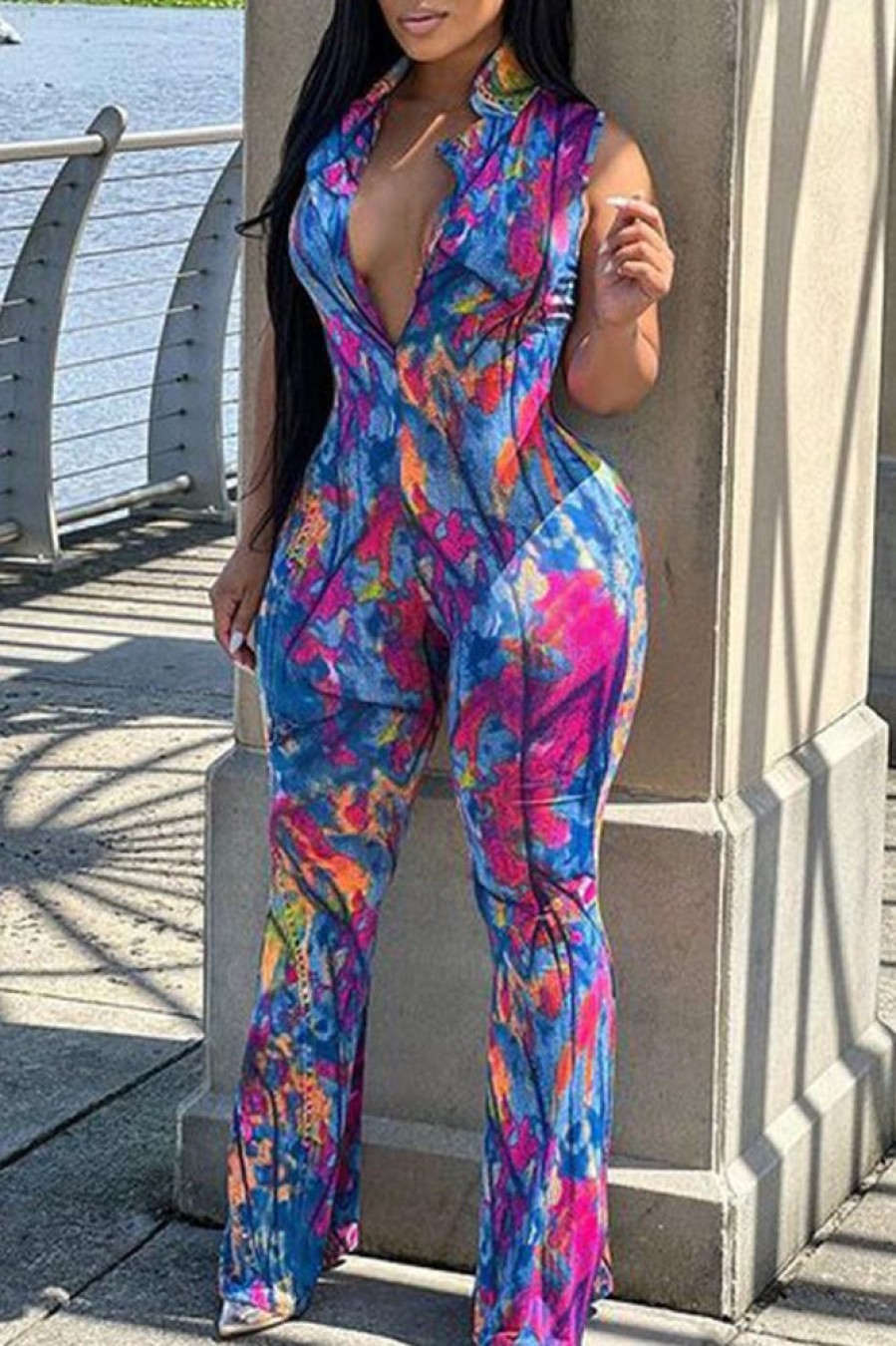 Jumpsuits & Rompers female | Fashion Print Sleeveless Lapel Slim Fit Plus Size Jumpsuits Blue