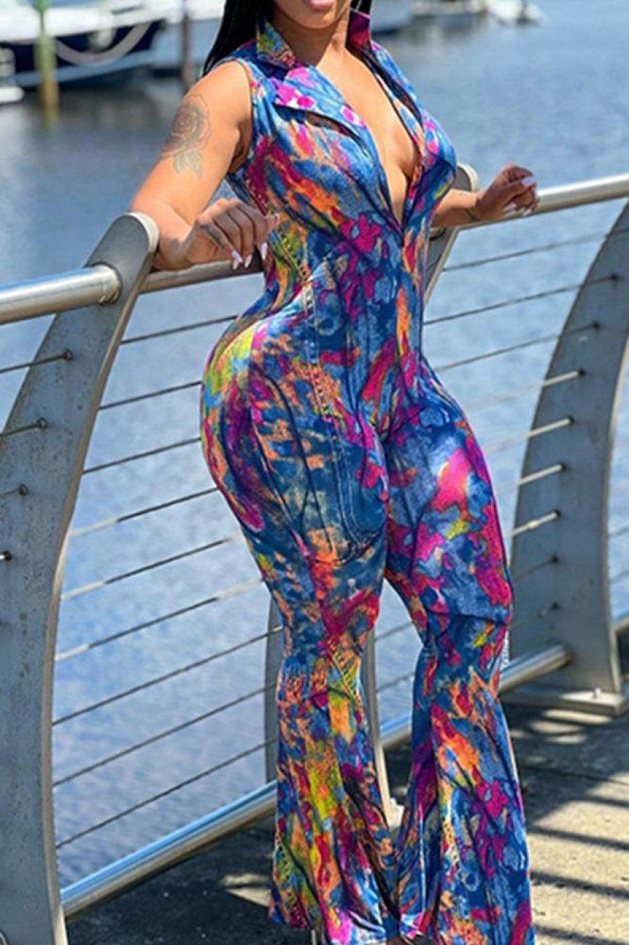 Jumpsuits & Rompers female | Fashion Print Sleeveless Lapel Slim Fit Plus Size Jumpsuits Blue