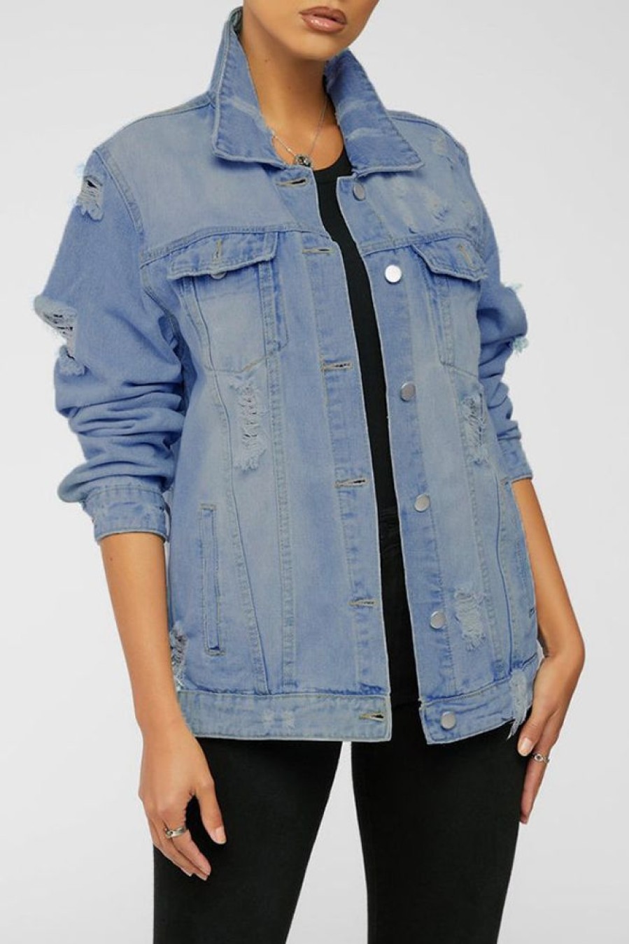 Tops & Outerwear female | Fashion Loose Letter Patch Ripped Denim Jacket Wathet Blue