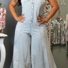 Jumpsuits & Rompers female | Fashion Single-Breasted Pocket Denim Wide-Leg Overalls Wathet Blue