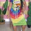 Dresses female | Cartoon Print Tie Dye Short Sleeved Midi Dress