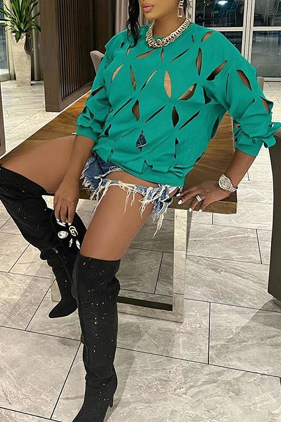 Tops & Outerwear female | Trendy Round Neck Long Sleeve Cutout Solid Color Sweatshirt Green