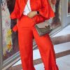 2-Pieces female | Simple Round Neck Flared Sleeve Solid Color Blouse Straight-Leg Pant Suits