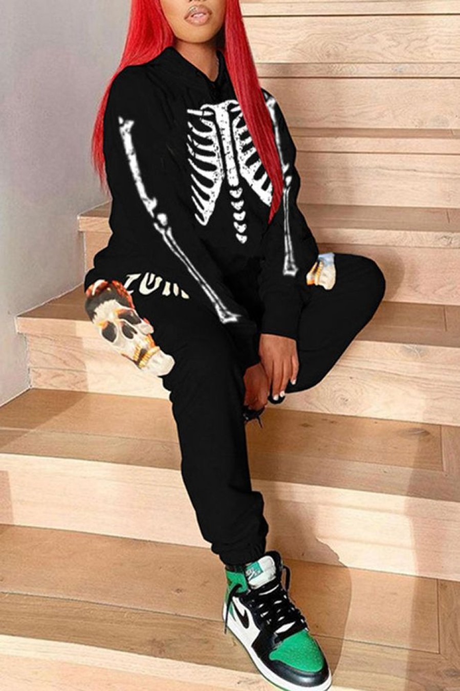 2-Pieces female | Playful Halloween Skull Print Hoodie & Pants Set Black