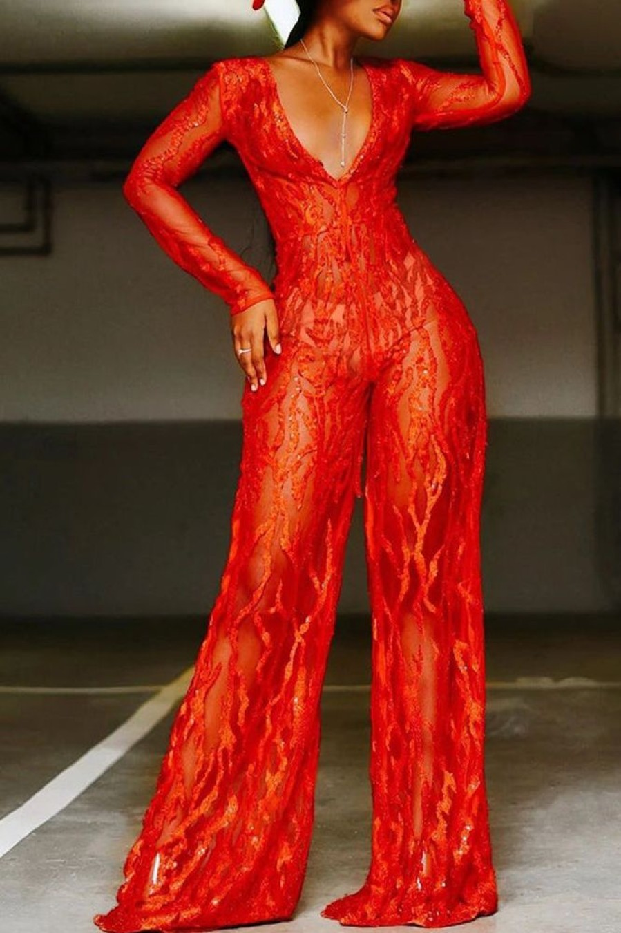 Jumpsuits & Rompers female | Sequin Deep V Elegant Wide Leg Jumpsuit Red