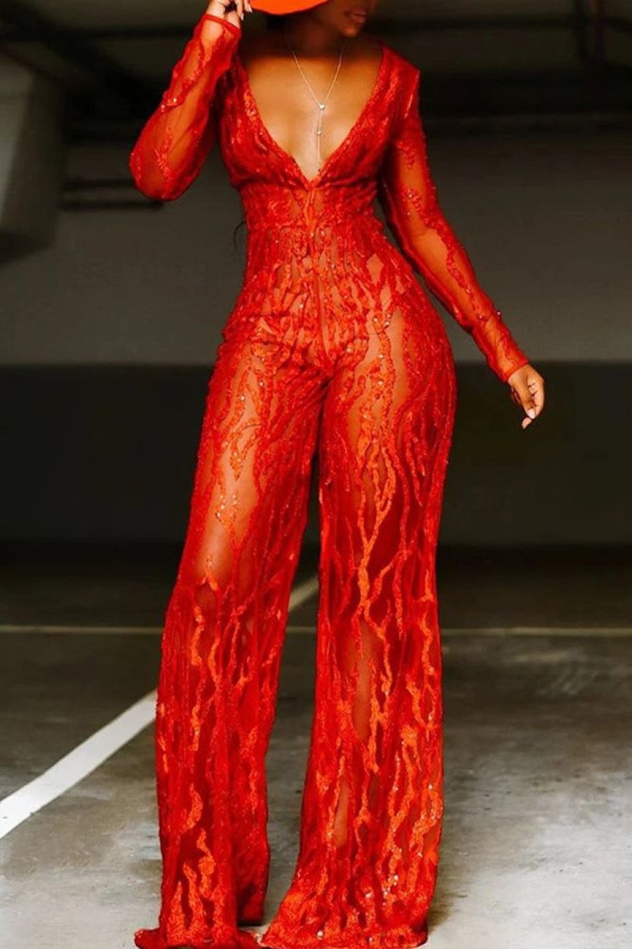 Jumpsuits & Rompers female | Sequin Deep V Elegant Wide Leg Jumpsuit Red