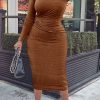 Dresses female | Half High Neck Pleated Waist Long Sleeve Midi Dress