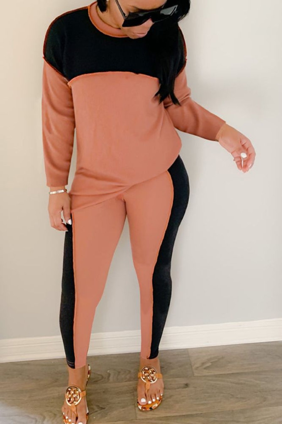 2-Pieces female | Street Fashion Patchwork Long Sleeve Pants Set Orange