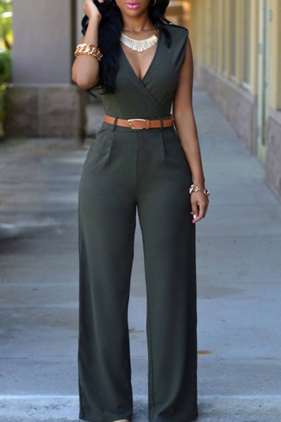 Jumpsuits & Rompers female | Elegant Solid Color V Neck Belt Sleeveless Jumpsuits