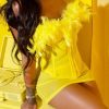 2-Pieces female | Feather Trim Corset Mesh Skirt Solid Two-Piece Set Yellow