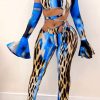 2-Pieces female | Fashion Sexy Leopard Print Flared Sleeve Pants Cover Blue