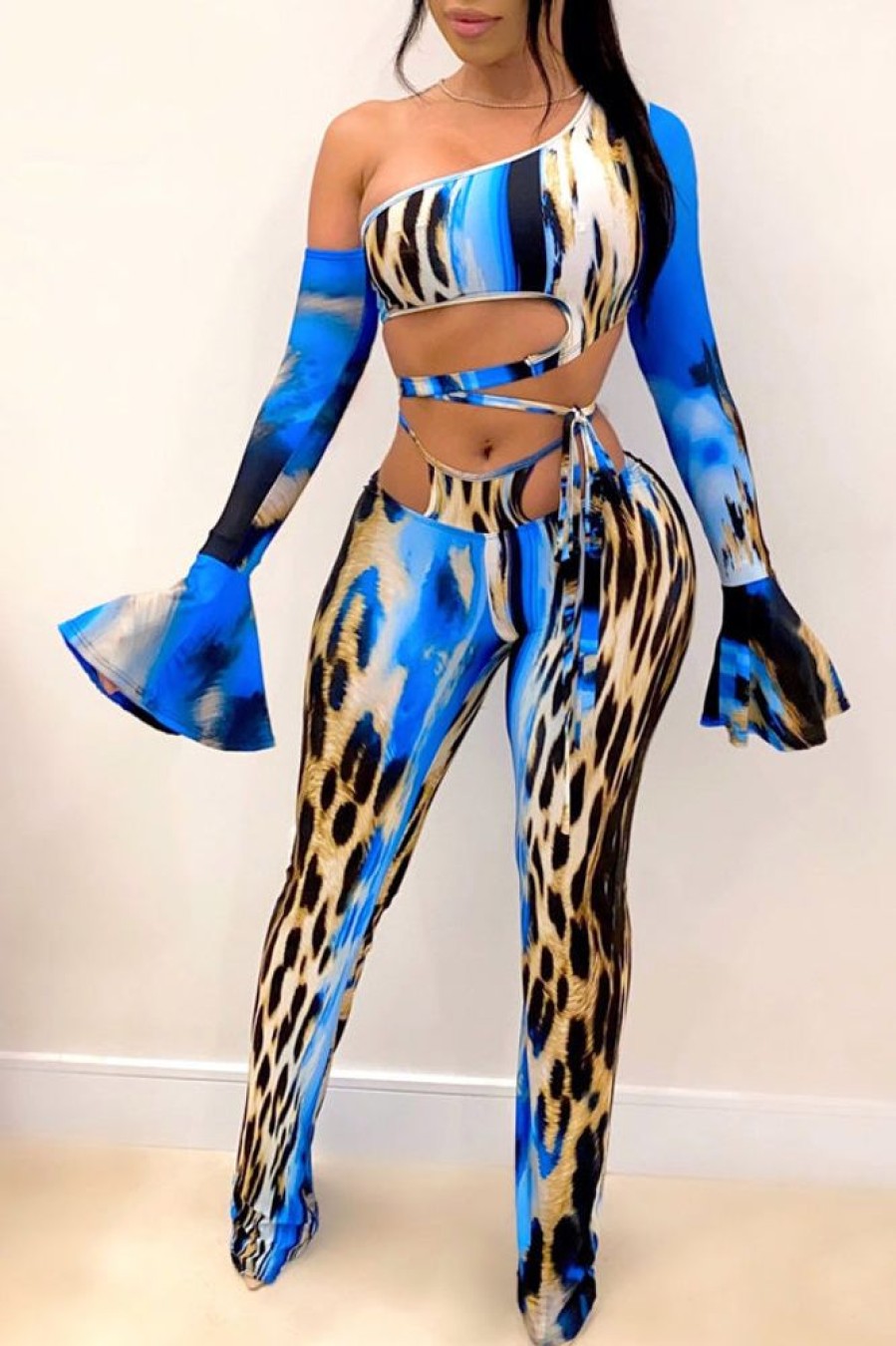 2-Pieces female | Fashion Sexy Leopard Print Flared Sleeve Pants Cover Blue