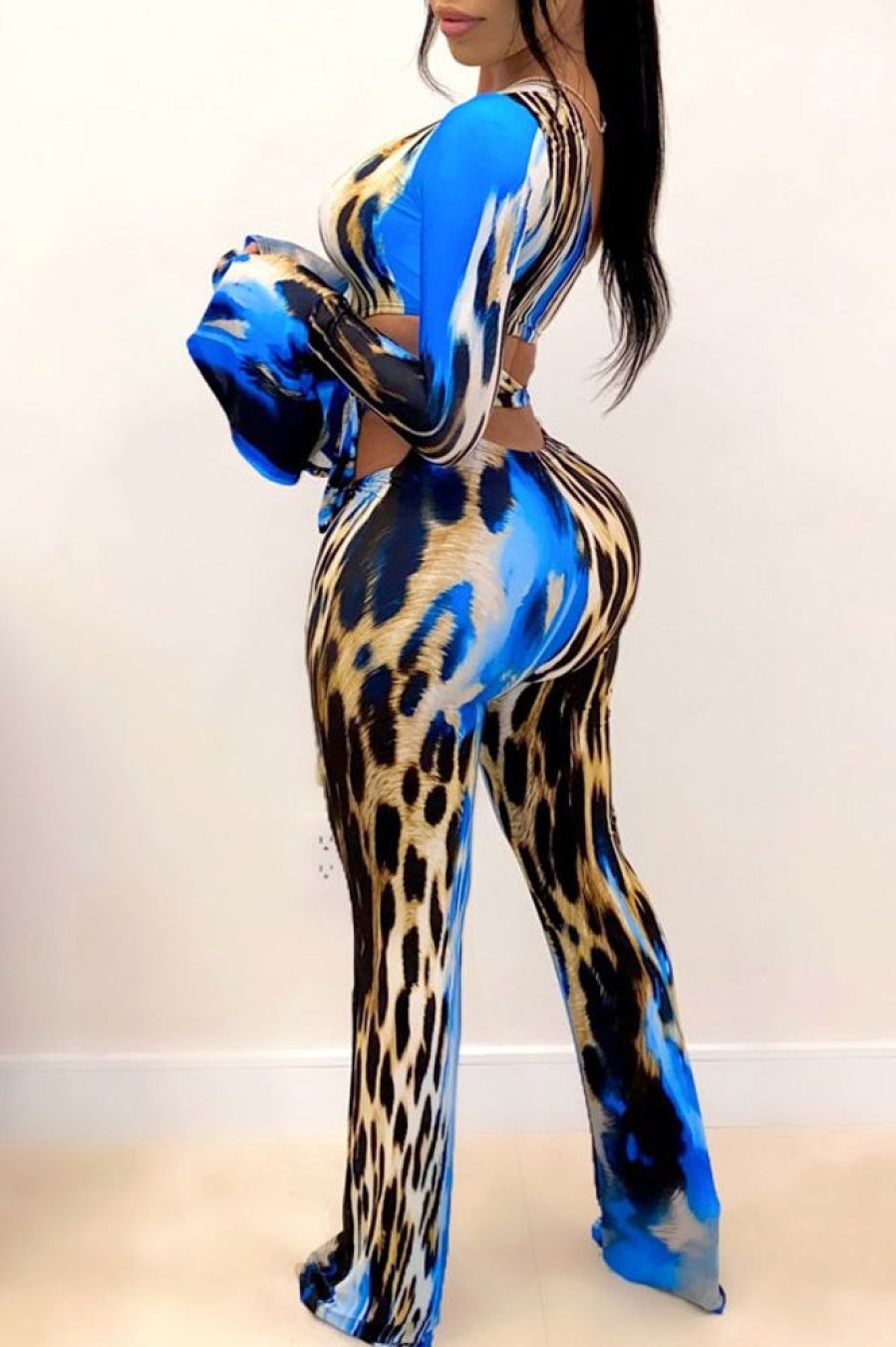 2-Pieces female | Fashion Sexy Leopard Print Flared Sleeve Pants Cover Blue