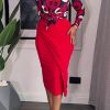 2-Pieces female | Temperament Print Long Sleeve Blouse Solid Color Slit Long Skirt Suits