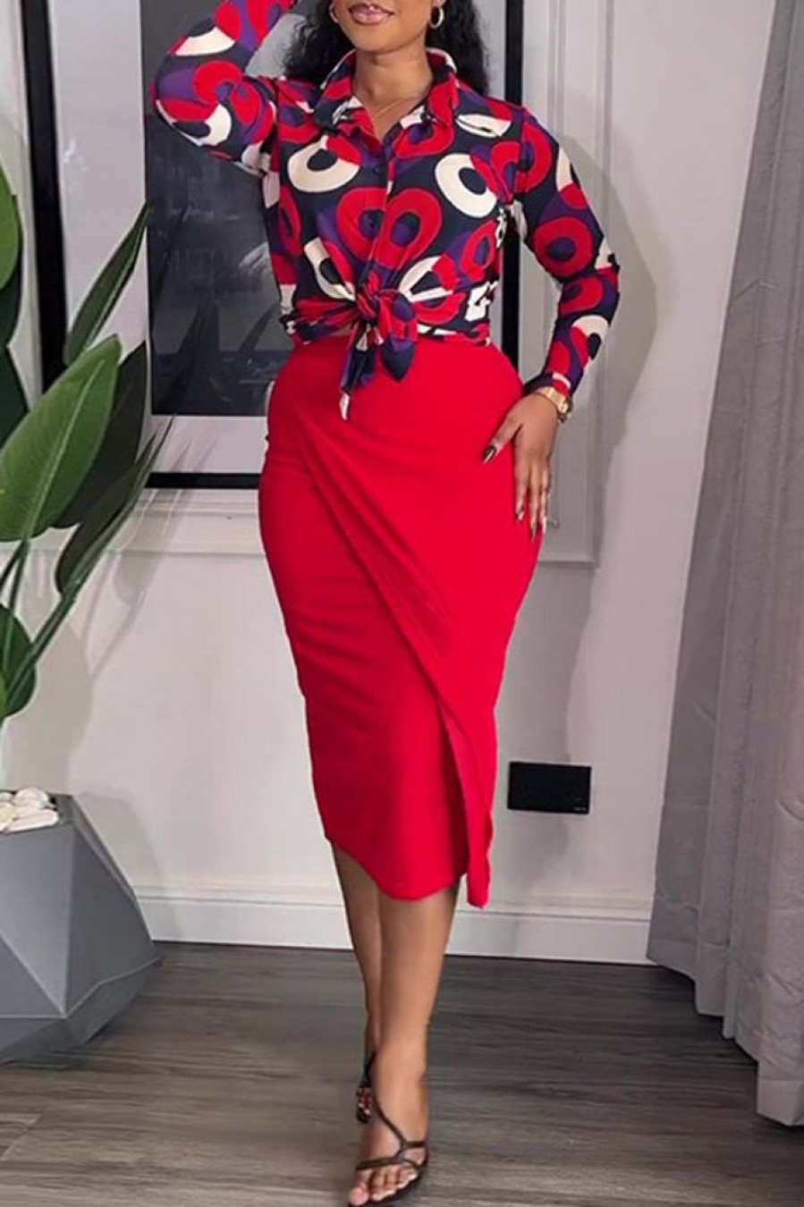 2-Pieces female | Temperament Print Long Sleeve Blouse Solid Color Slit Long Skirt Suits