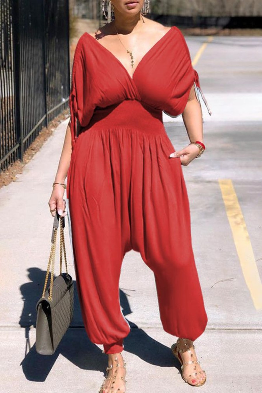 Jumpsuits & Rompers female | Solid Batwing Sleeve Drawtring Pocket Jumpsuit