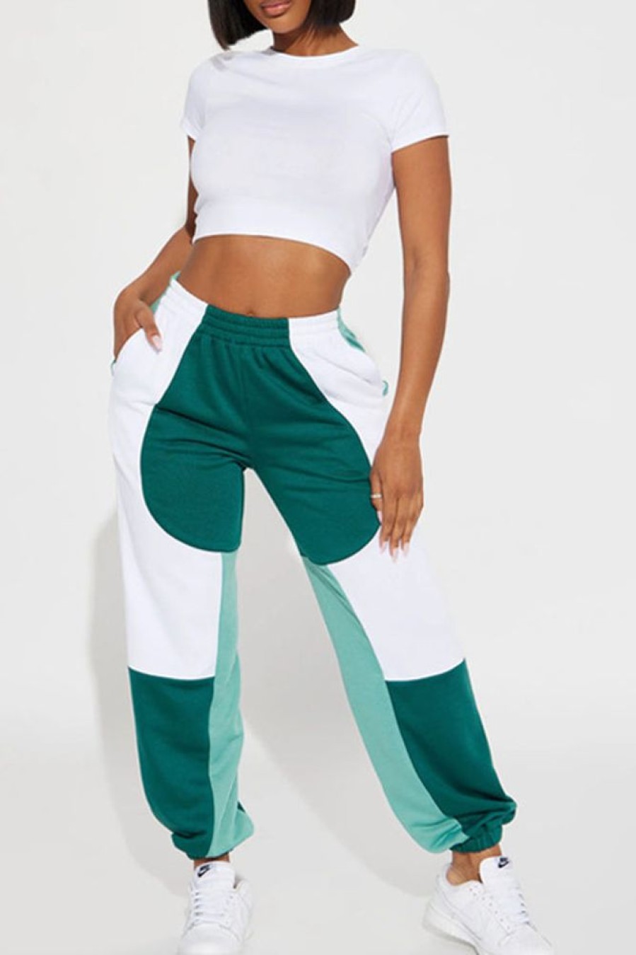 Bottoms female | Fashionable Color Block Loose Elastic Waist Casual Pants Green