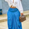 Bottoms female | Statement Ruching Patch Pocket Elastic Waist Denim Long Skirt Blue