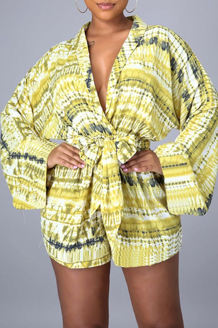 Jumpsuits & Rompers female | Fashion Tie Dye Print Long Sleeve V-Neck Lace-Up Rompers Yellow