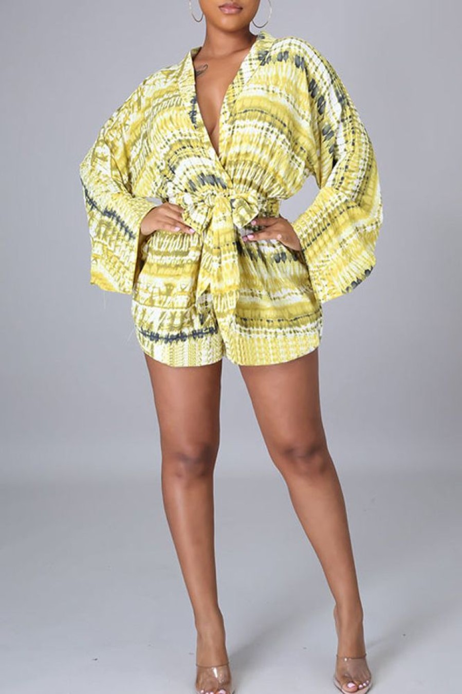 Jumpsuits & Rompers female | Fashion Tie Dye Print Long Sleeve V-Neck Lace-Up Rompers Yellow