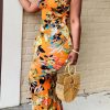 Dresses female | Sexy Bandeau Backless Lace Up Natural Print Slim Fit Maxi Dress Orange