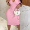 Dresses female | Solid Color V-Neck Cap Sleeve Midi Dress