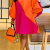 Dresses female | Temperament Stitching Puff Sleeve Mini Dresses Orange