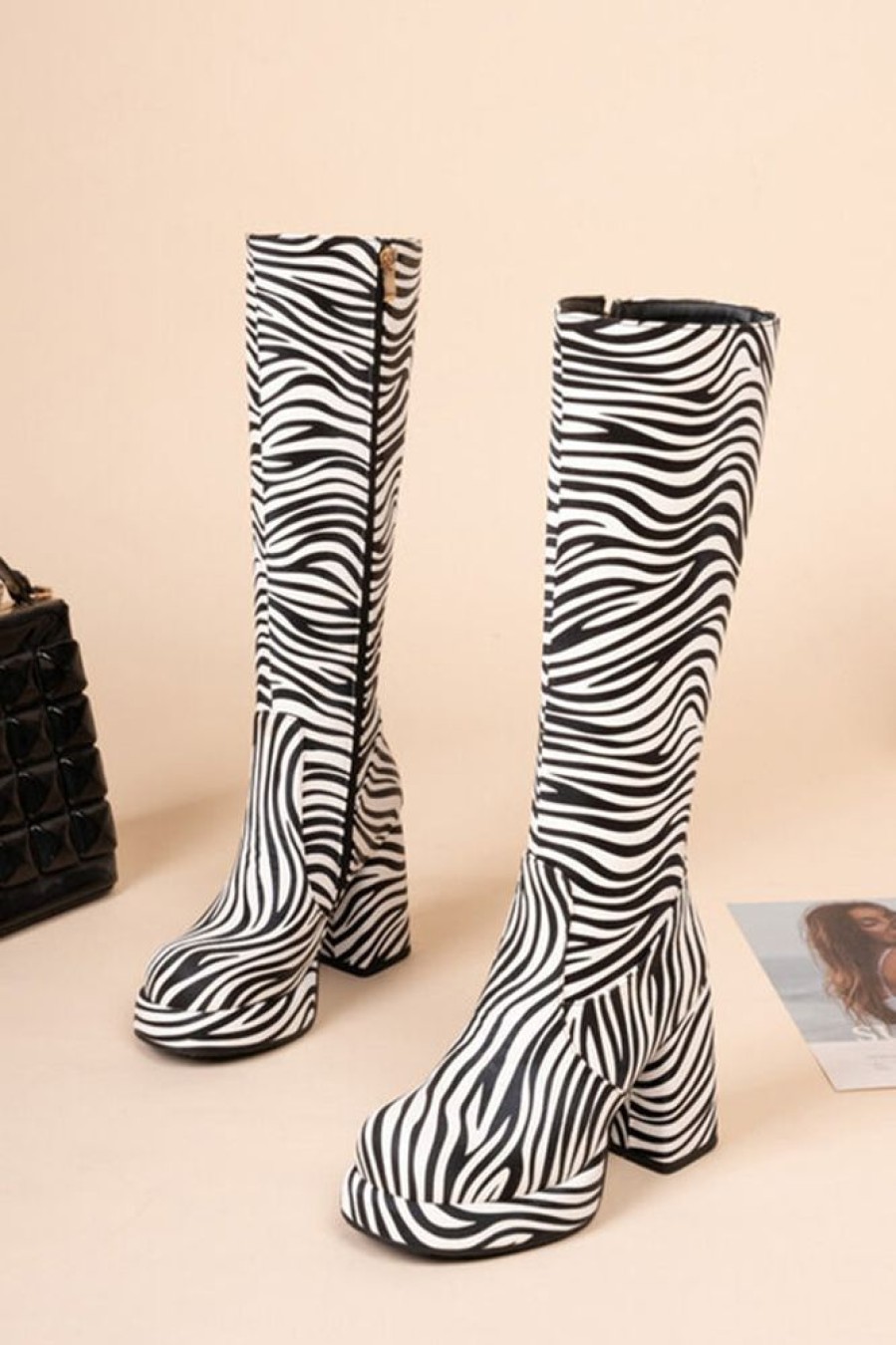 Accessories female | Fashionable Zebra Leopard Print Round Toe Side Zipper Platform Block Heel High Heel Boots