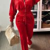 2-Pieces female | Fashionable Velvet Elastic Waist Zip Jacket Pants Suit