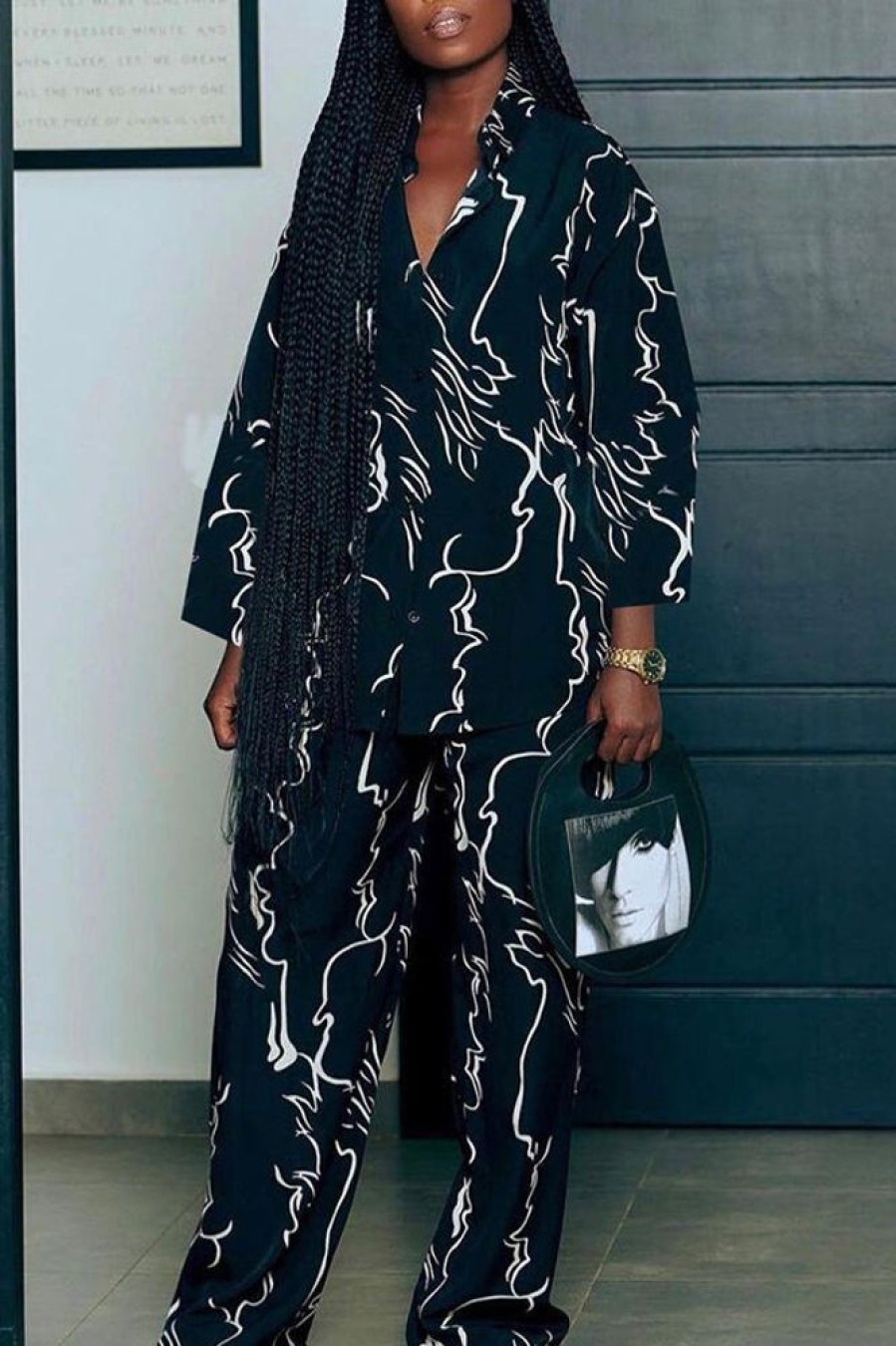 2-Pieces female | Casual Abstract Printed Loose Pant Suits Black