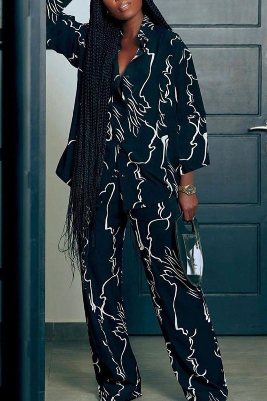 2-Pieces female | Casual Abstract Printed Loose Pant Suits Black