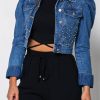 Tops & Outerwear female | Fashion Denim Long Sleeve Vintage Puff Sleeve Cropped Beaded Jacket Blue