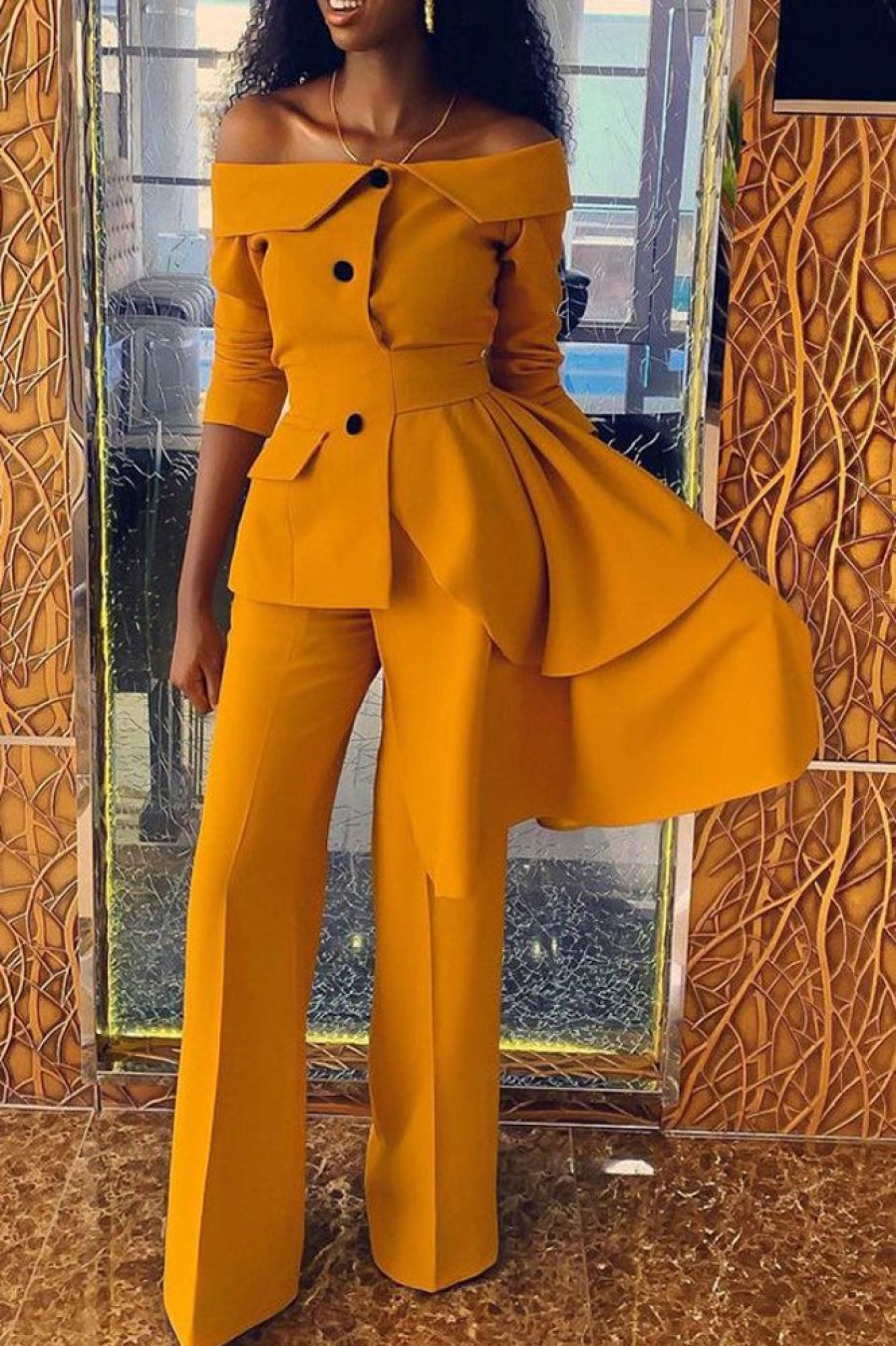 2-Pieces female | Unique Off Shoulder Lapel Irregular Ruffle Pant Suits