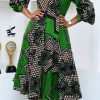 Dresses female | Fashion Printed Lace Up Long Sleeve Midi Dress Green