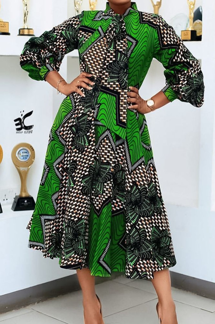 Dresses female | Fashion Printed Lace Up Long Sleeve Midi Dress Green