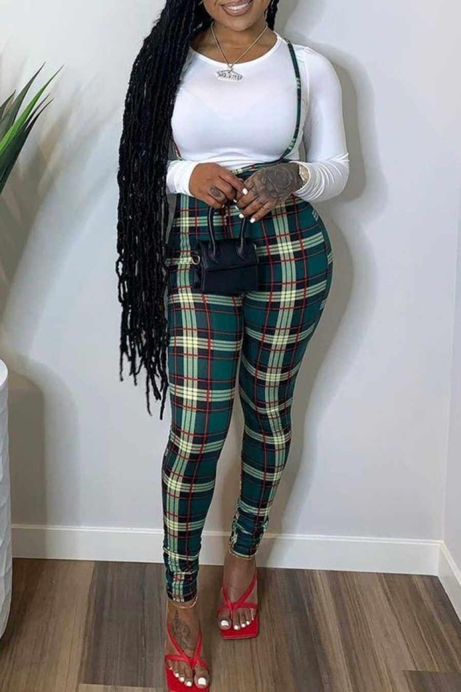 2-Pieces female | Casual Tight T-Shirt Plaid Overalls Two-Piece Set Green