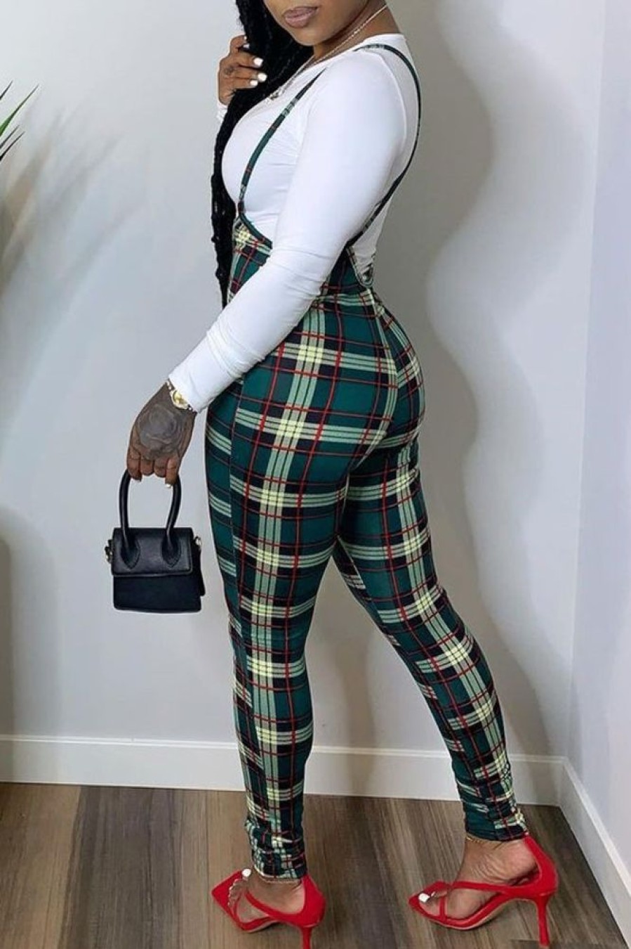 2-Pieces female | Casual Tight T-Shirt Plaid Overalls Two-Piece Set Green