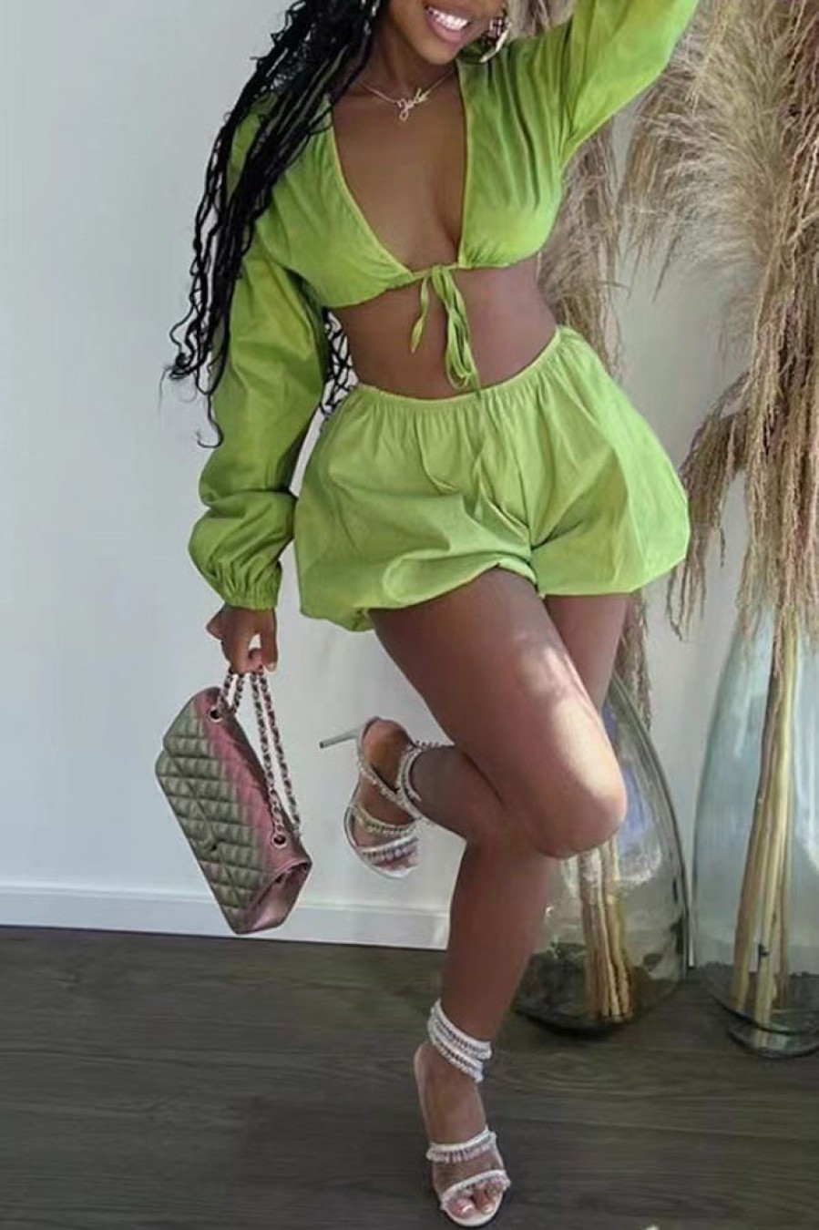 2-Pieces female | Sexy Tie Bubble Lantern Sleeve Solid Color Short Top Shorts Set Light Green